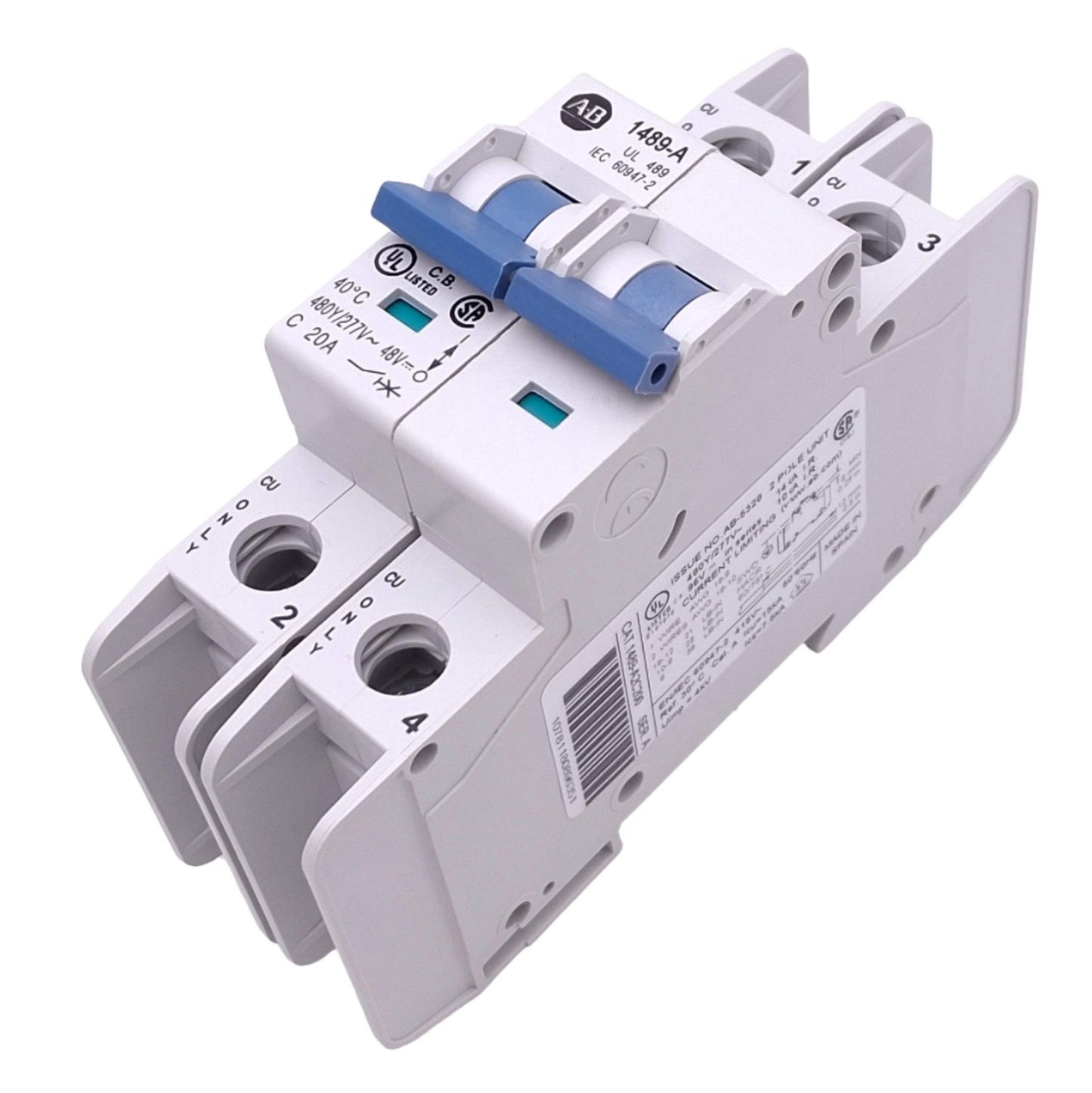 New Allen Bradley 1489-A2C200 Circuit Breaker, 2-Pole, 20A, 480Y/277VAC 48VDC Max