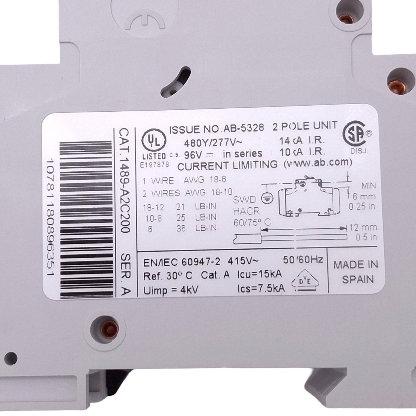 New Allen Bradley 1489-A2C200 Circuit Breaker, 2-Pole, 20A, 480Y/277VAC 48VDC Max