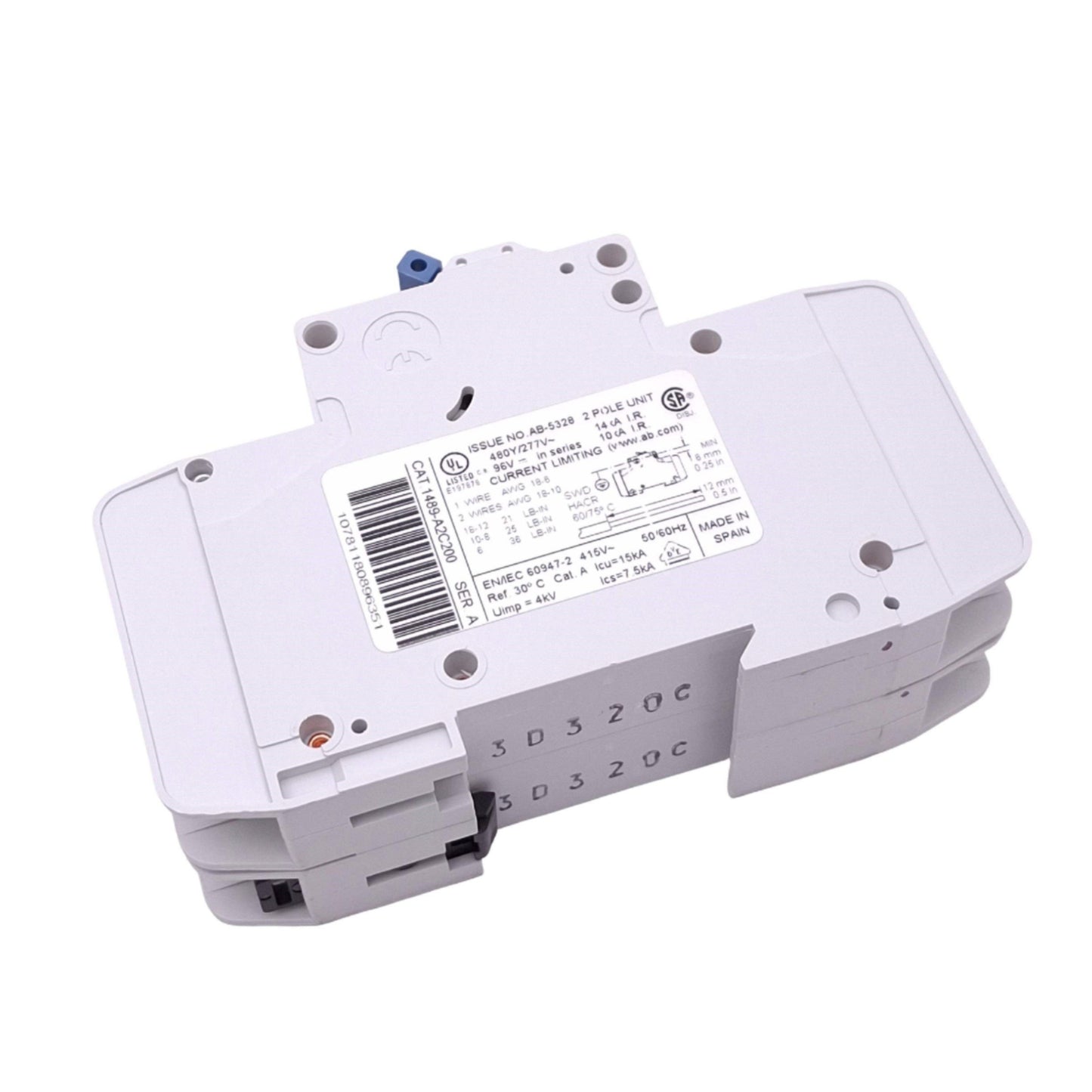 New Allen Bradley 1489-A2C200 Circuit Breaker, 2-Pole, 20A, 480Y/277VAC 48VDC Max