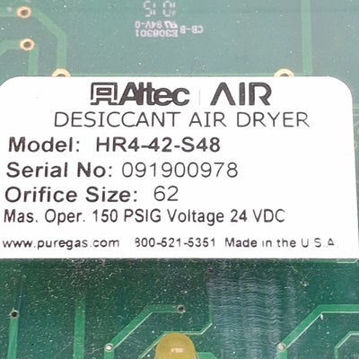 Used Altec AIR HR4-42-S48 Desiccant Air Dryer 12SCFM In, 8.8SCFM Out, 150PSIG Max
