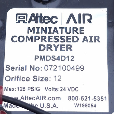 Used Altec AIR PMDS4D12 Miniature Compressed Air Dryer 24VDC, 125PSI, 0.012in Orifice