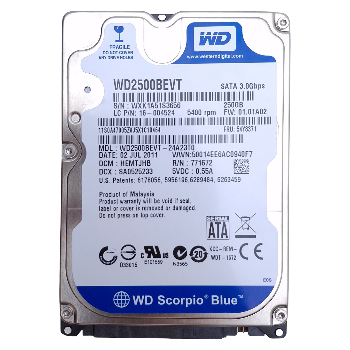 Used Western Digital WD2500BEVT-24A23T0 Scorpio Blue HDD 250GB, 5400rpm, SATA III