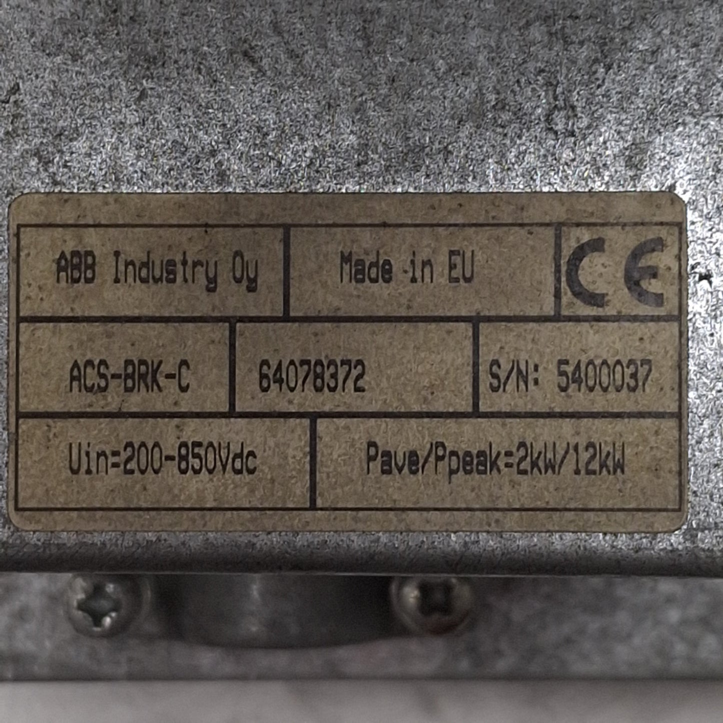 Used ABB ACS-BRK-C Brake Unit, 32 Ohms, 2kW Average, 12kW Peak, 200-850VDC Supply