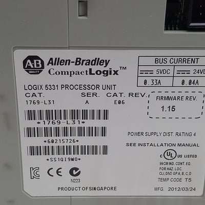 Used Allen Bradley 1769-L31 CompactLogix I/O 5331 Processor Controller Unit CPU 512KB