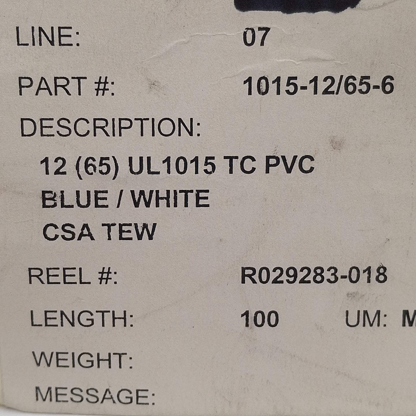 Used Anixter 1015-12/65-6 Blue Hook-Up Lead Wire, TNC, 12AWG, 65-Strand, 600V, 100ft
