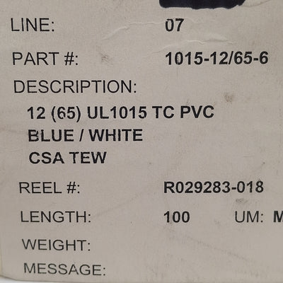 Used Anixter 1015-12/65-6 Blue Hook-Up Lead Wire, TNC, 12AWG, 65-Strand, 600V, 100ft