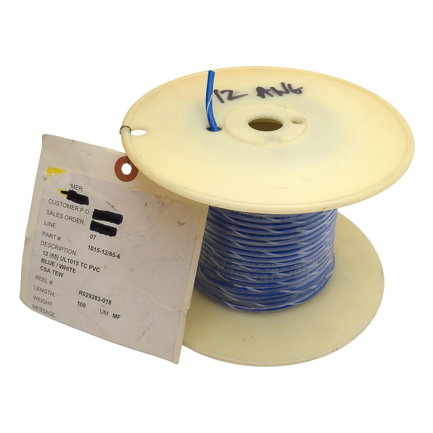 Used Anixter 1015-12/65-6 Blue Hook-Up Lead Wire, TNC, 12AWG, 65-Strand, 600V, 100ft
