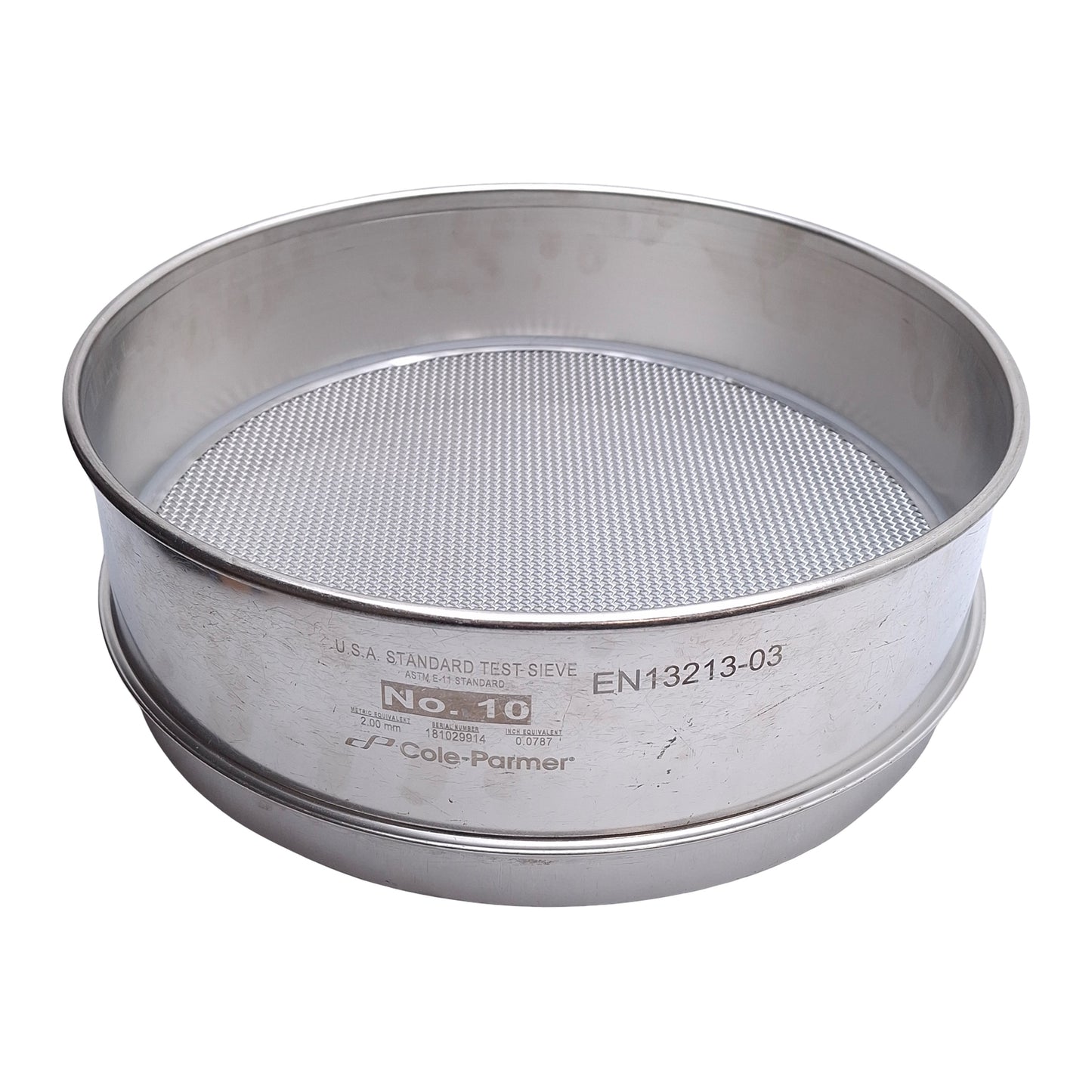 Used Cole Parmer No. 10 ASTM E-11 Standard Test Sieve, Size 10, 2mm Opening, 12in Dia