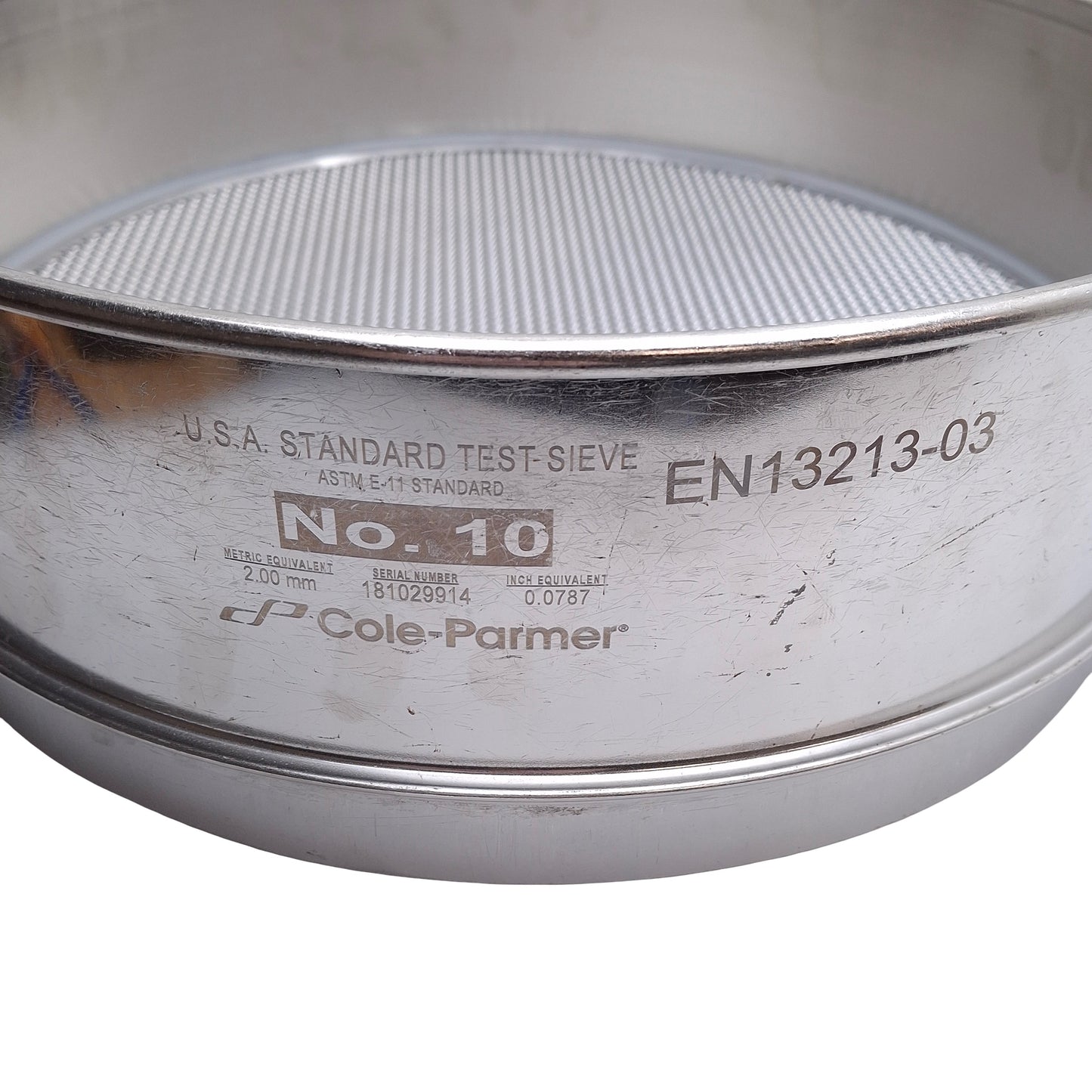 Used Cole Parmer No. 10 ASTM E-11 Standard Test Sieve, Size 10, 2mm Opening, 12in Dia