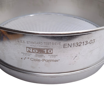 Used Cole Parmer No. 10 ASTM E-11 Standard Test Sieve, Size 10, 2mm Opening, 12in Dia
