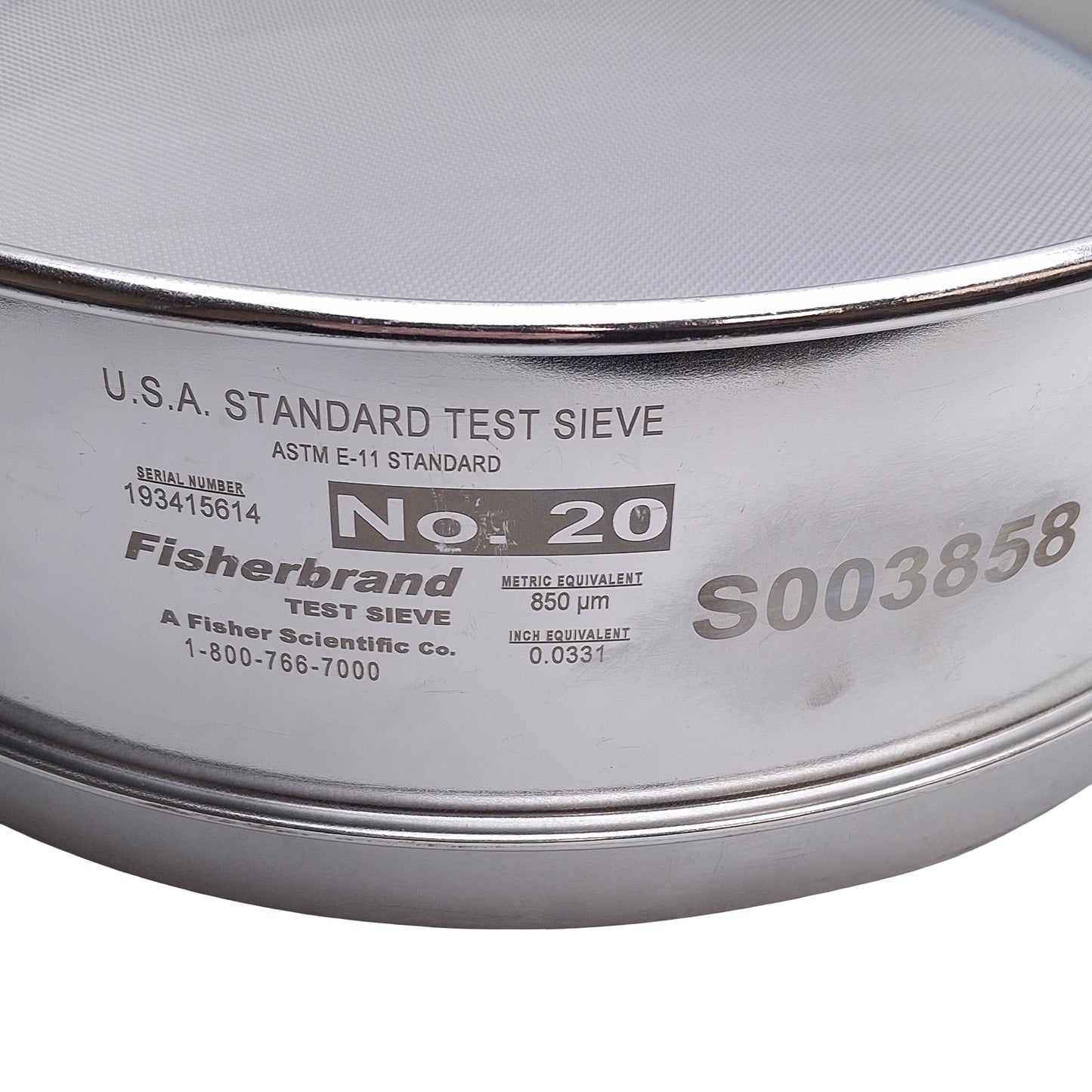 Used Fisher No.20 ASTM E-11 Standard Test Sieve, Size 20, 850µm Opening, 12in Dia.