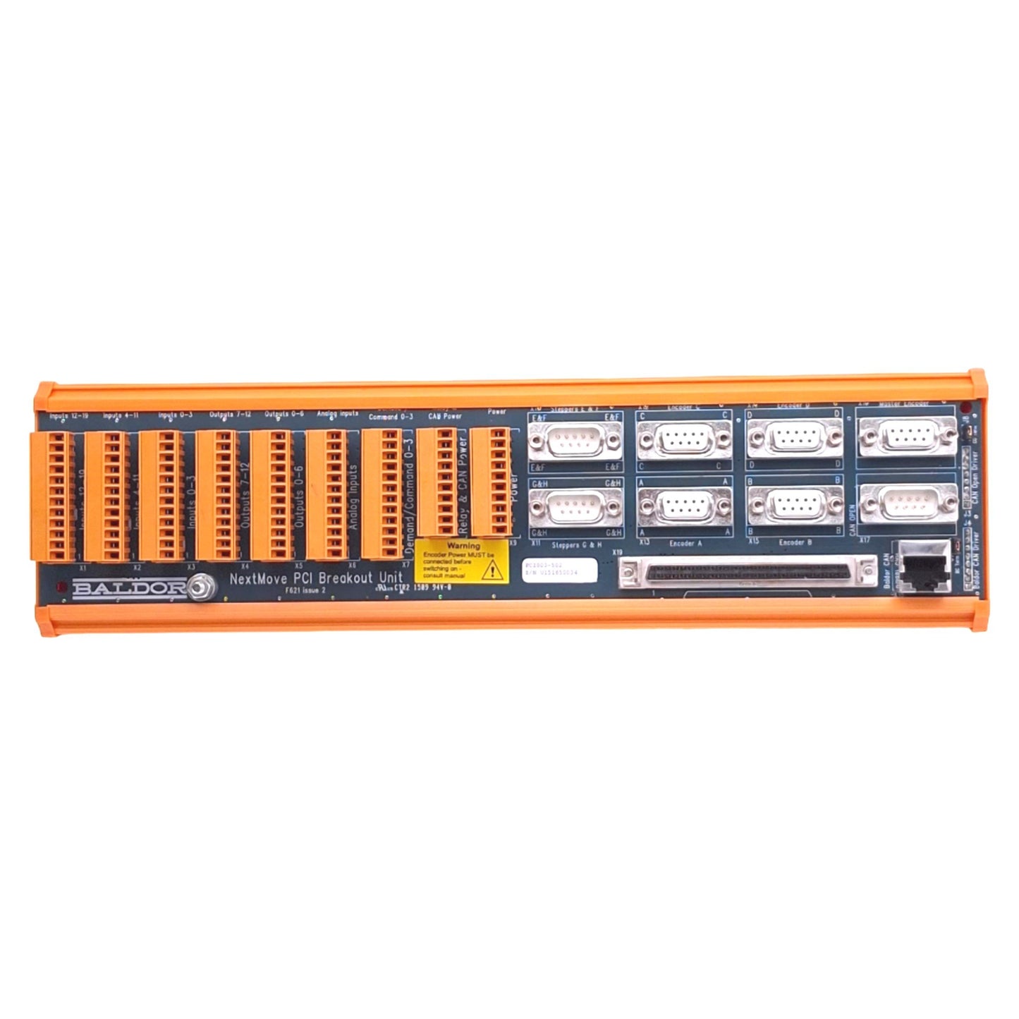 Used Baldor PCI003-502 F621 NextMove PCI Breakout Unit, 19DI 12DO, RJ45, DIN Rail