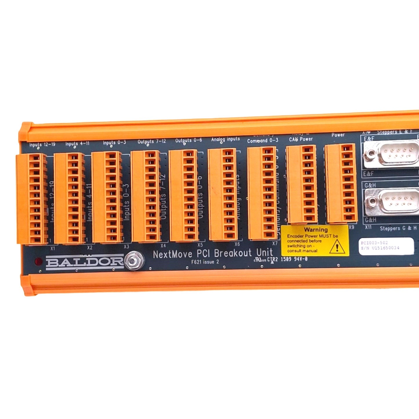 Used Baldor PCI003-502 F621 NextMove PCI Breakout Unit, 19DI 12DO, RJ45, DIN Rail