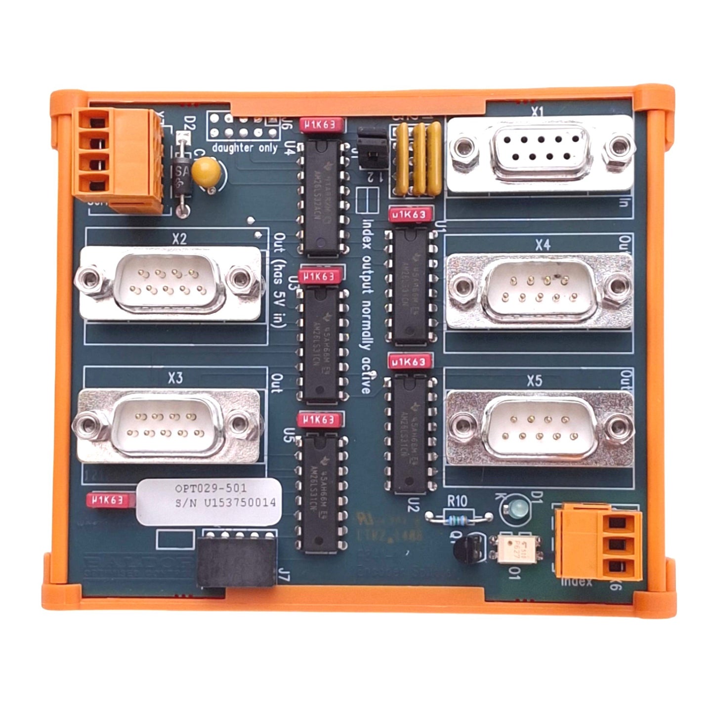Used Baldor OPT029-501 F841-1 Encoder Splitter Breakout Board, 4-Way, DIN Rail