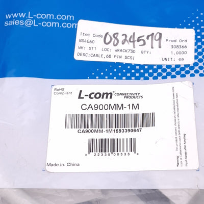 New L-COM CA900MM-1M SCSI-3 Cable, 68-Pin D-Sub Male, 1m Length, 30V 1A Max
