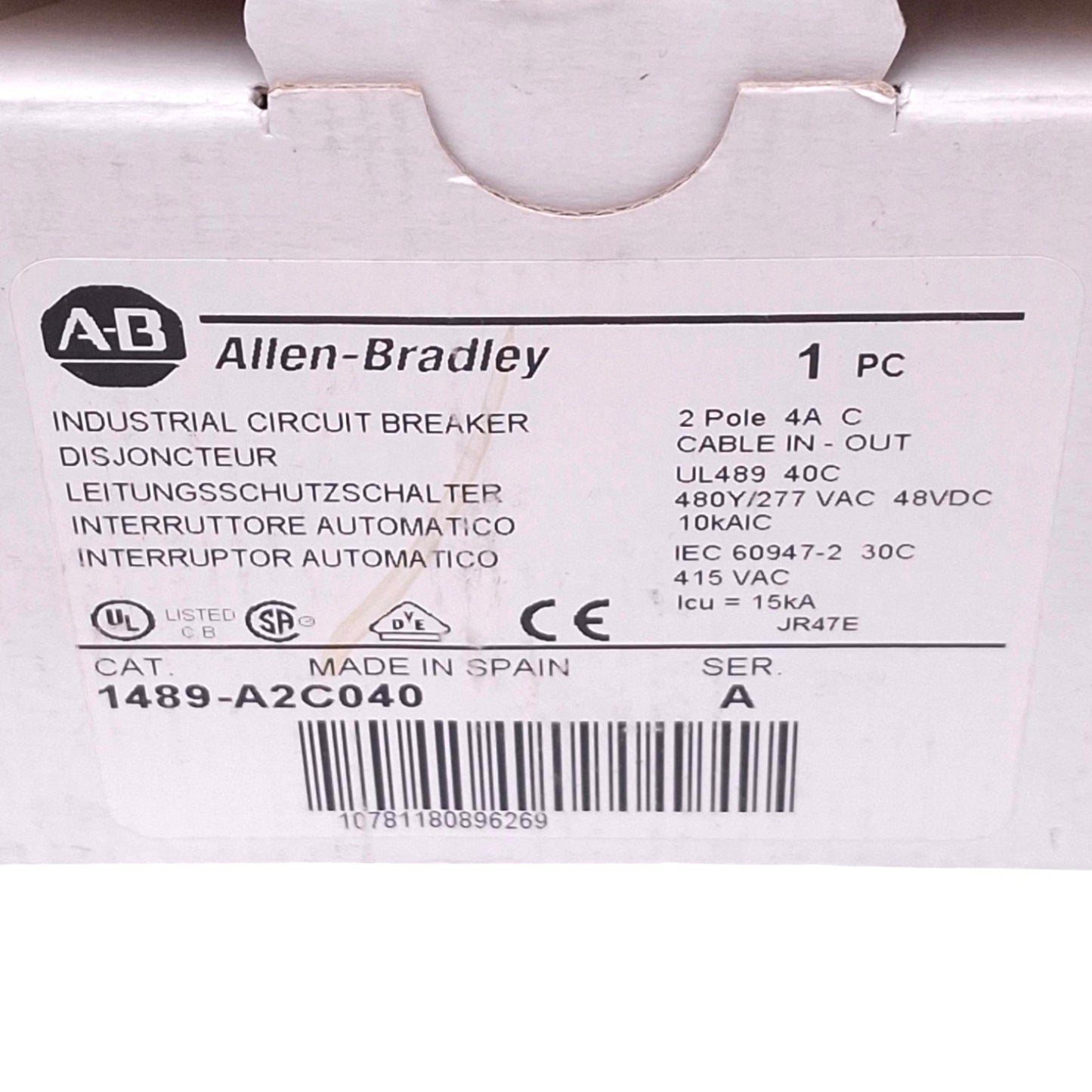 New Allen Bradley 1489-A2C040 Circuit Breaker, 2-Pole, 4A, 480Y/277VAC 48VDC Max