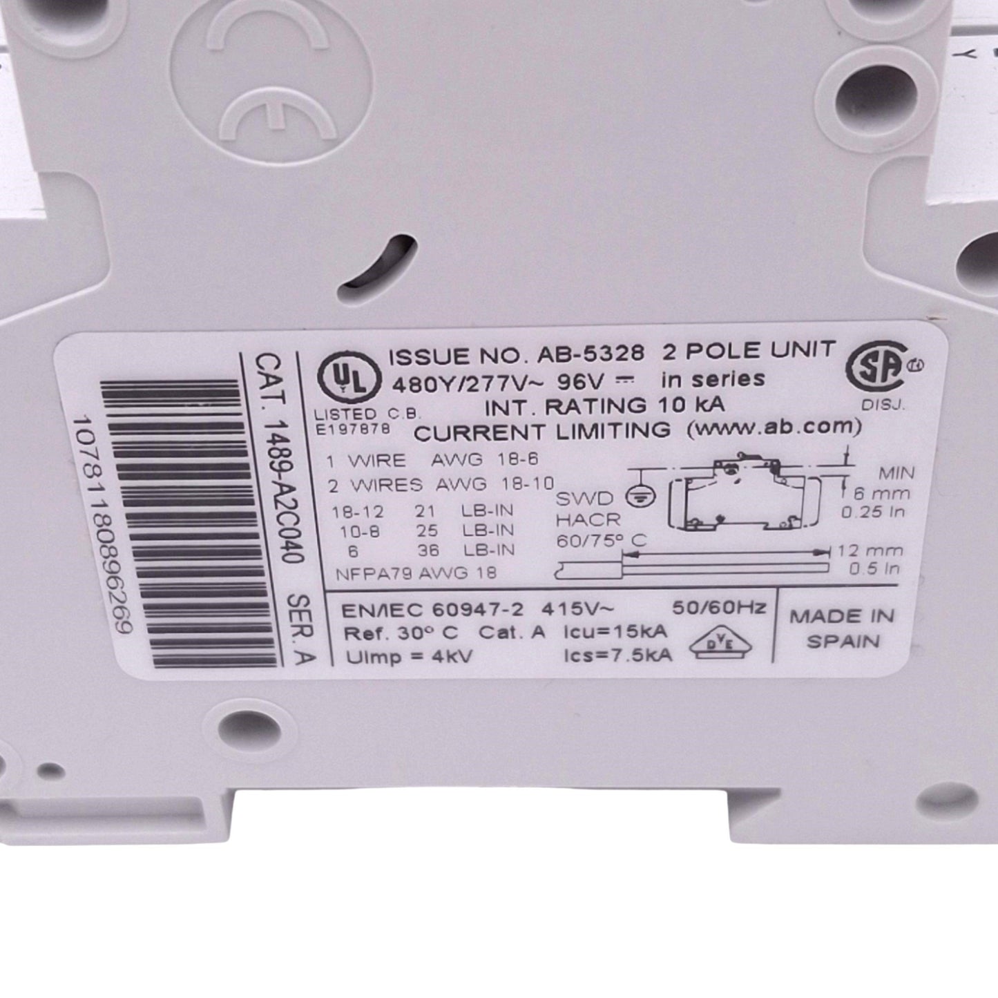 New Allen Bradley 1489-A2C040 Circuit Breaker, 2-Pole, 4A, 480Y/277VAC 48VDC Max