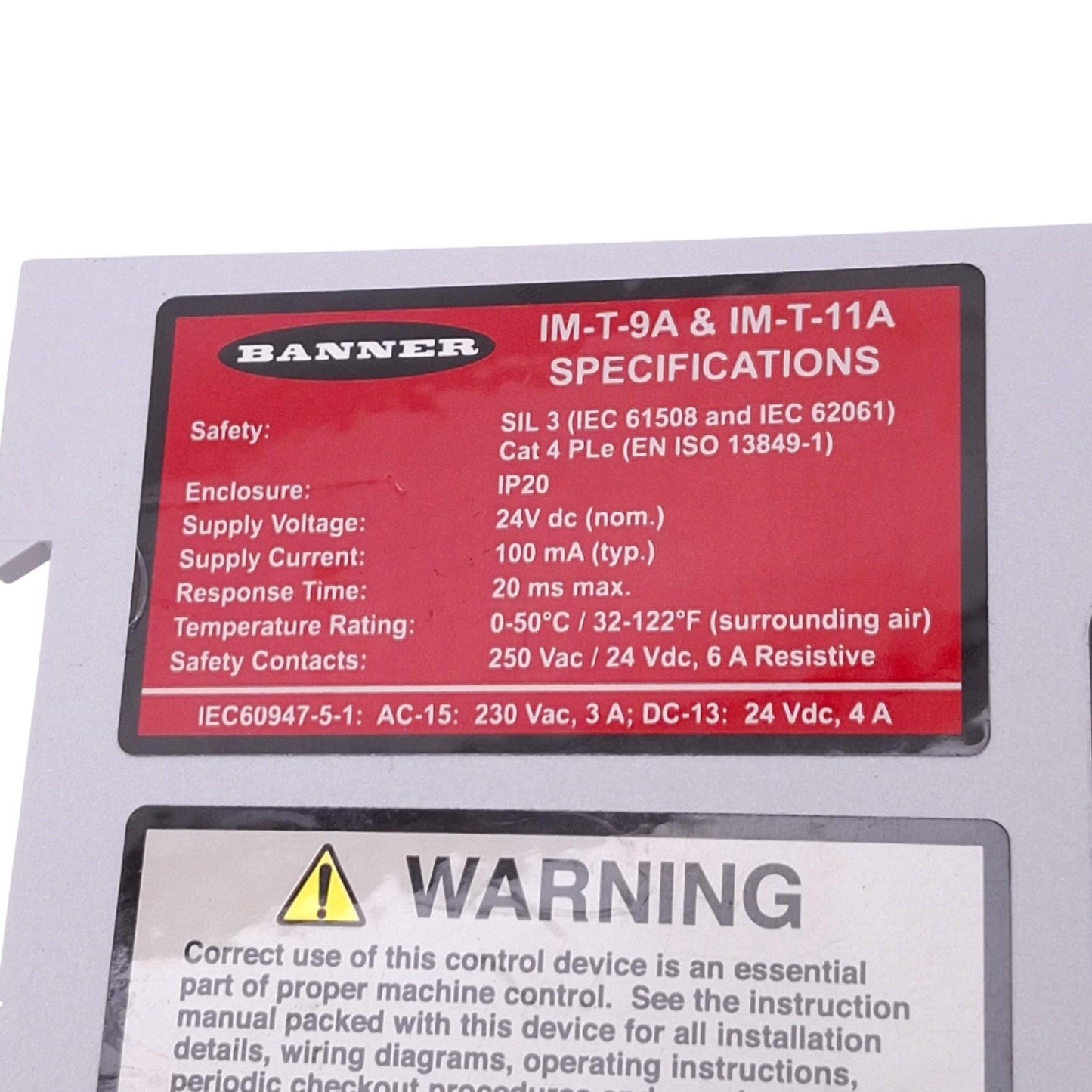 Used Banner IM-T-11A Safety Relay, 2NO, 1NC Aux, 250VAC 24VDC 6A Max, 24VDC Coil