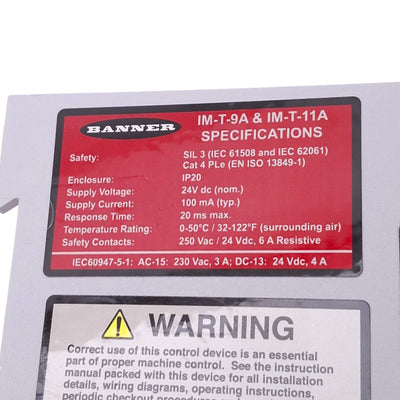Used Banner IM-T-11A Safety Relay, 2NO, 1NC Aux, 250VAC 24VDC 6A Max, 24VDC Coil