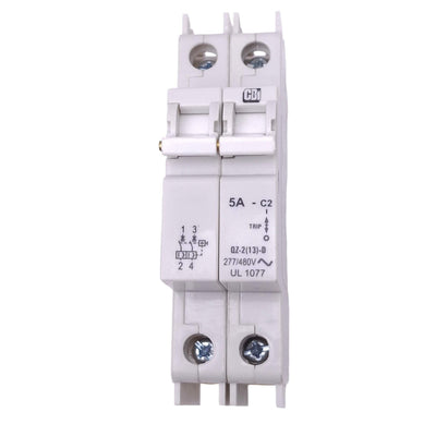 Used CBI QZ-2-13-D-2-05A Circuit Breaker, 2-Pole 5A, 277/480VAC, DIN Rail Mount