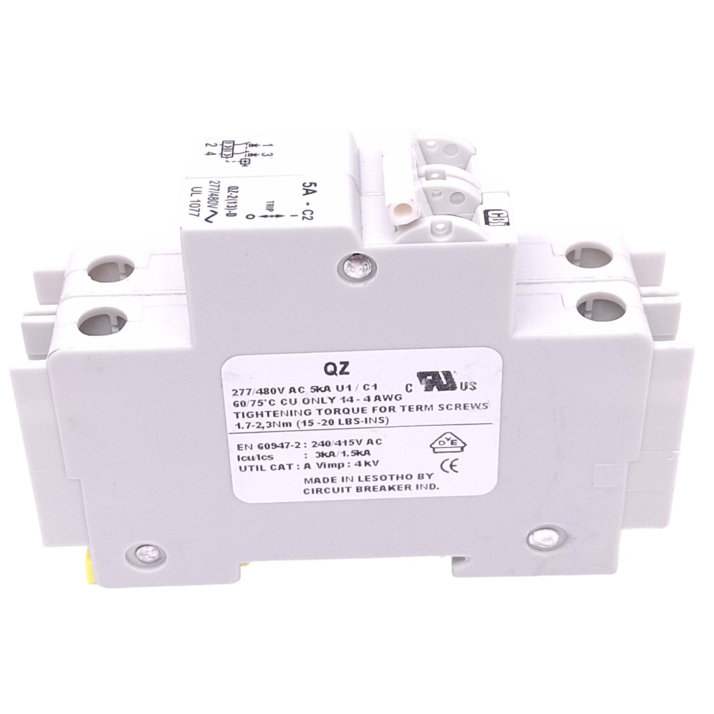 Used CBI QZ-2-13-D-2-05A Circuit Breaker, 2-Pole 5A, 277/480VAC, DIN Rail Mount