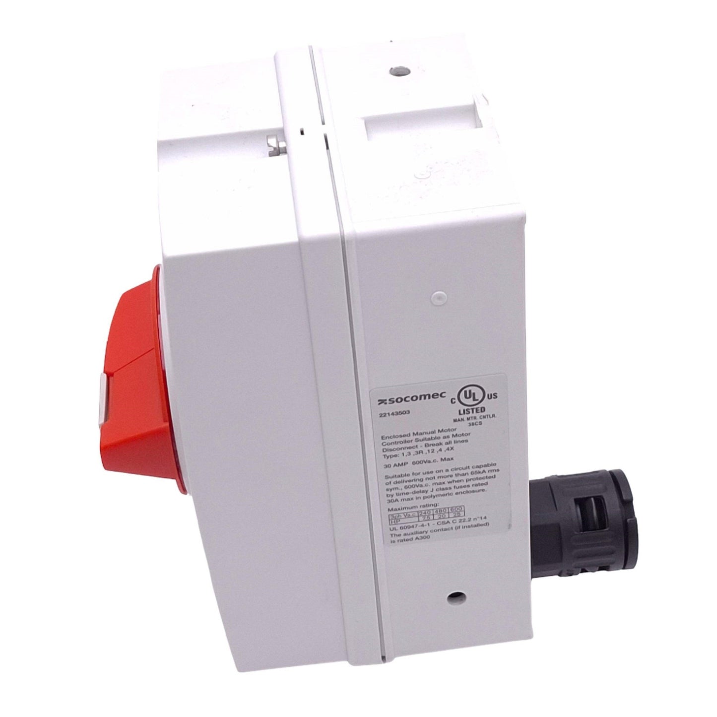 Used Socomec 22143503 Enclosed Manual Motor Disconnect Switch, 3-Pole, 600VAC 30A Max