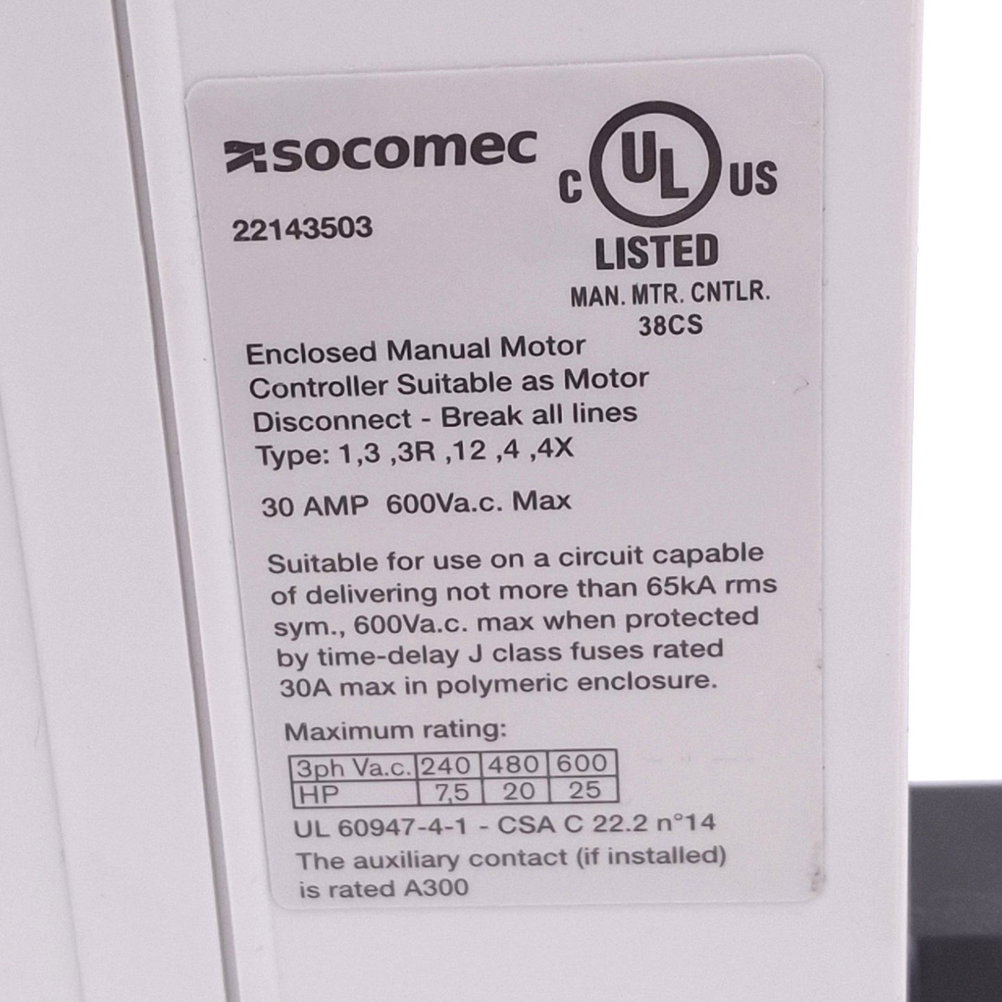 Used Socomec 22143503 Enclosed Manual Motor Disconnect Switch, 3-Pole, 600VAC 30A Max