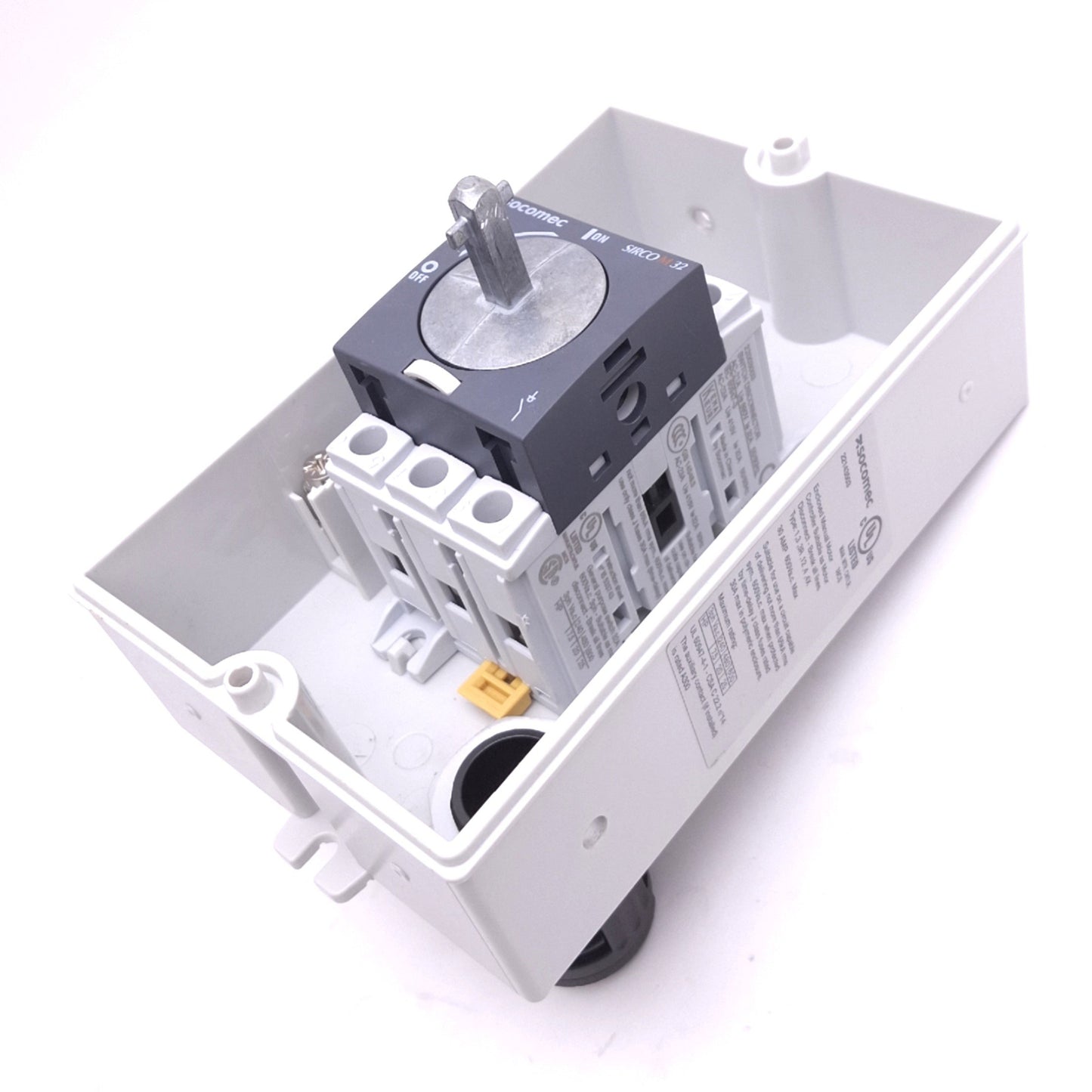 Used Socomec 22143503 Enclosed Manual Motor Disconnect Switch, 3-Pole, 600VAC 30A Max