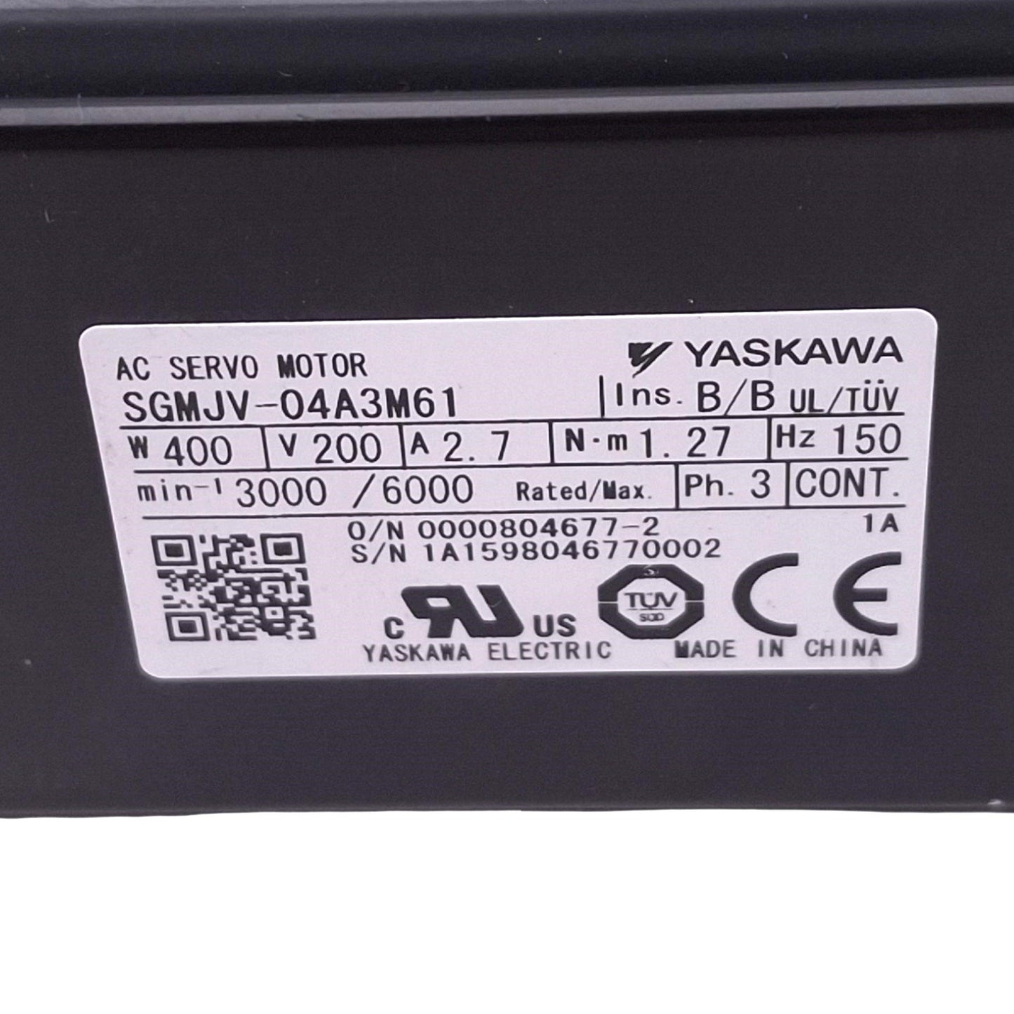 Used Yaskawa SGMJV-04A3M61 AC Servo Motor, 400W, 200VAC 3-Phase, 3000/6000rpm Max