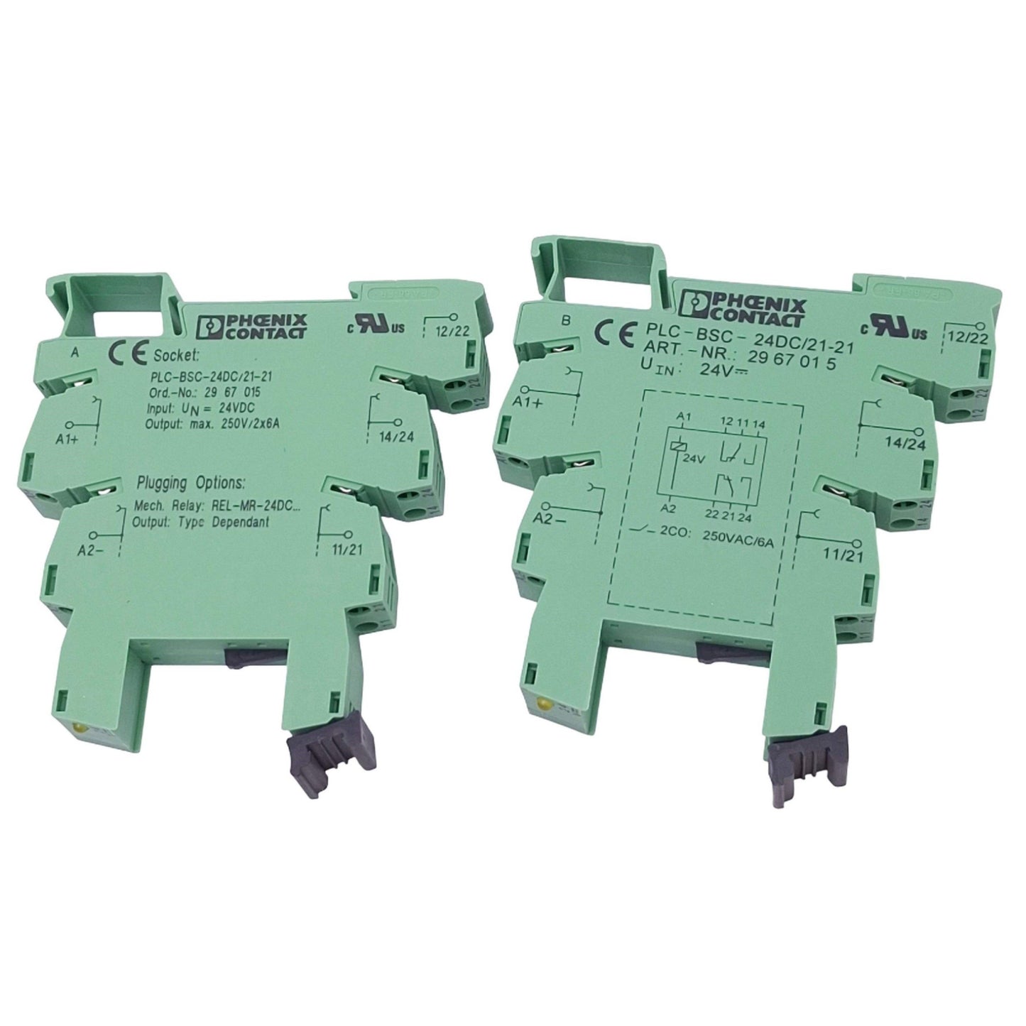 Used Lot of 2 Phoenix Contact 2967015 PLC-BSC- 24DC/21-21 Relay Sockets, 8-Pin, 24VDC