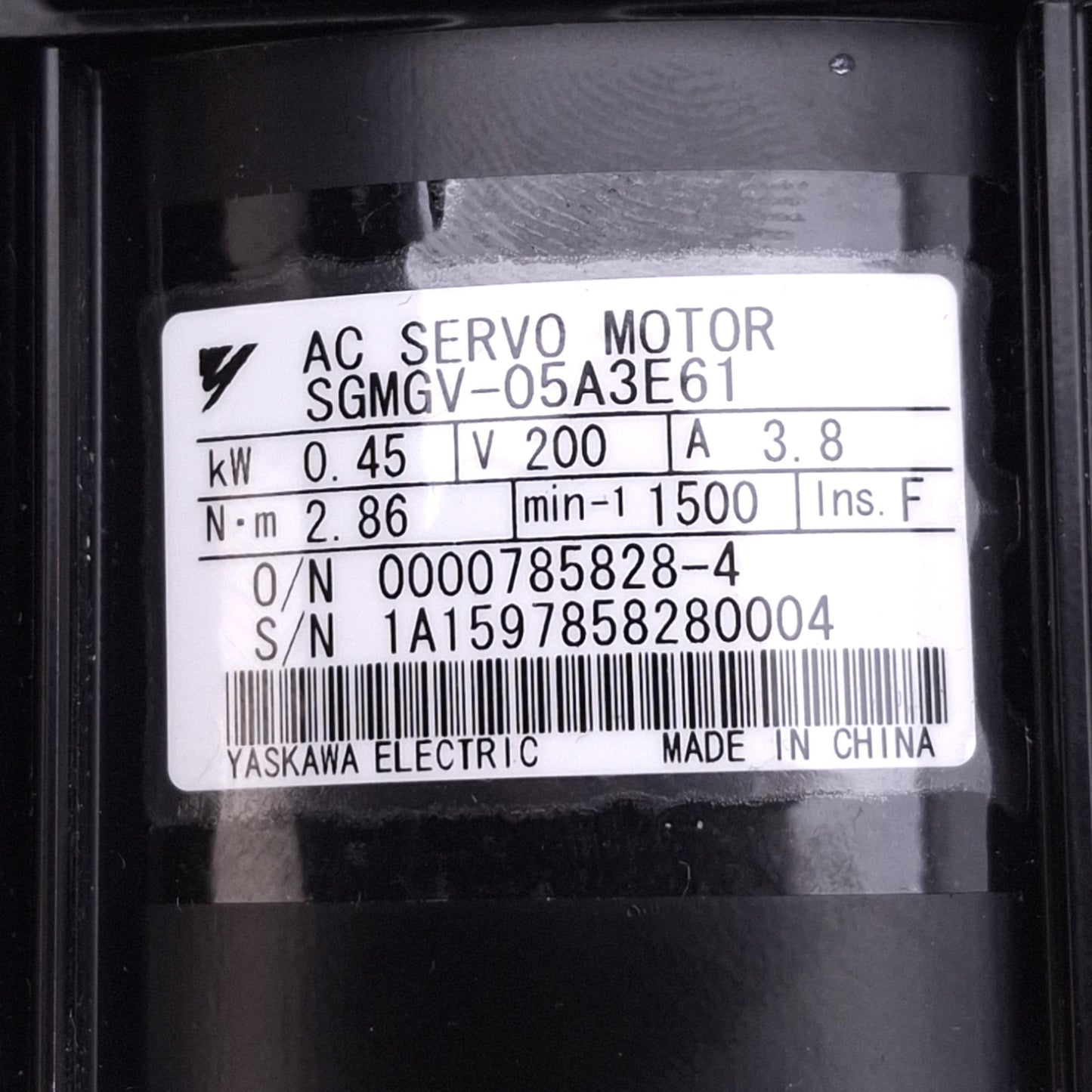 Used Yaskawa SGMGV-05A3E61 AC Servo Motor, 200VAC 3.8A, 0.45kW, 2.86Nm, 1500rpm Max