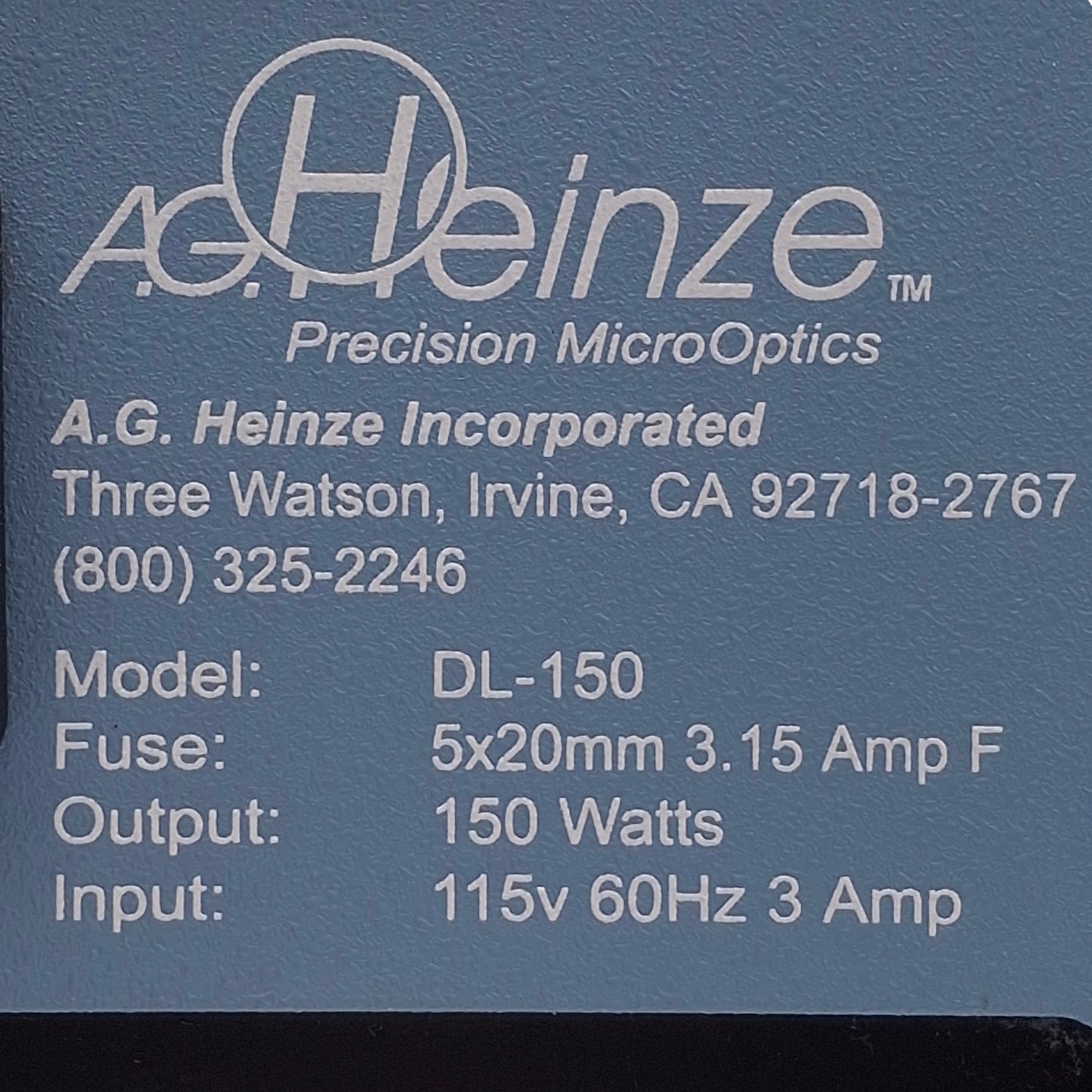 Used AG Heinze DL-150 Dyna Lite 150 Fiber Optic Light Source 115V, 3A, 150W, ø15mm