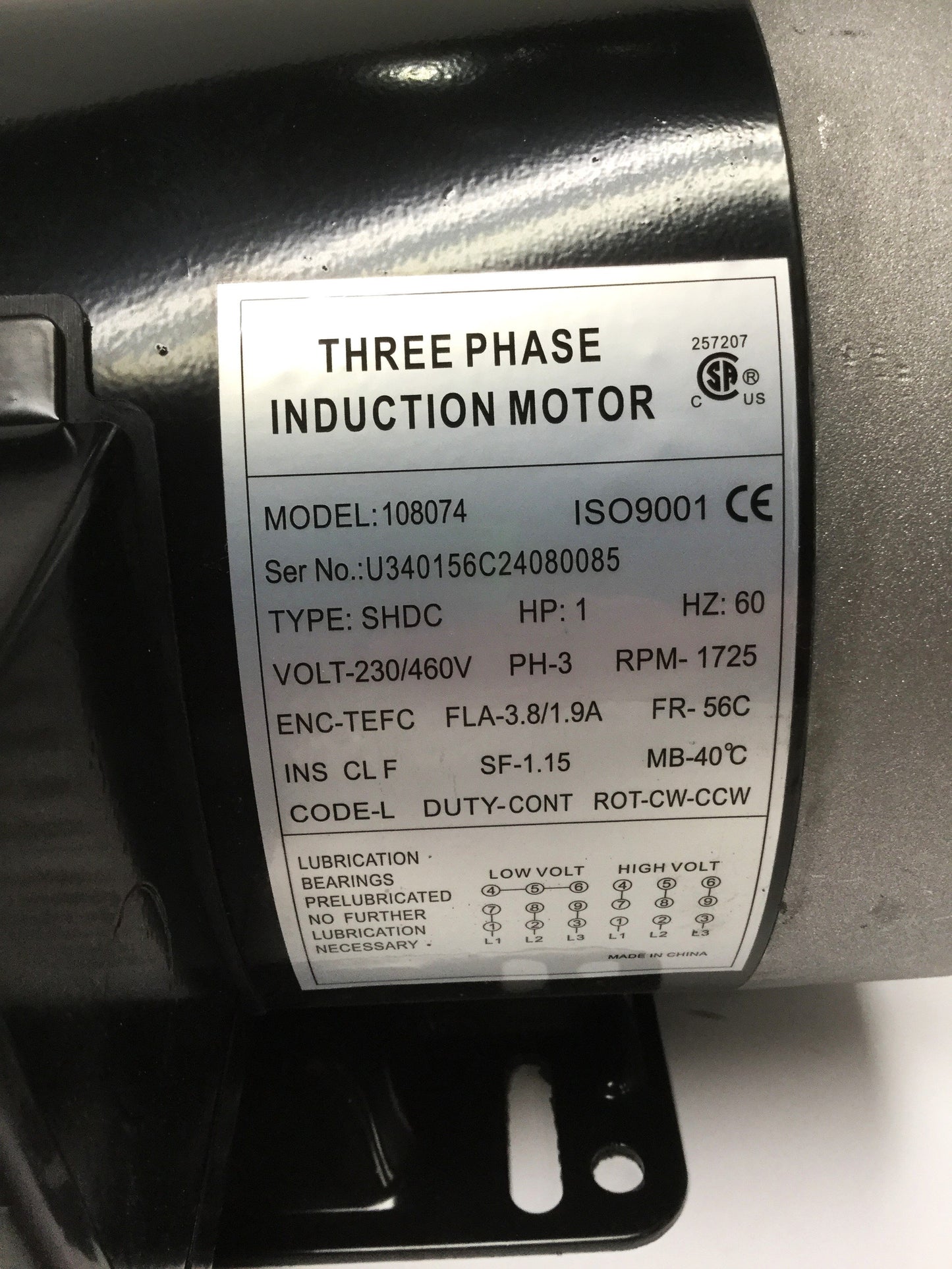 Used General Purpose 108074 3-Phase Induction Motor 230/460VAC 60Hz, 1HP, 1725RPM 56C