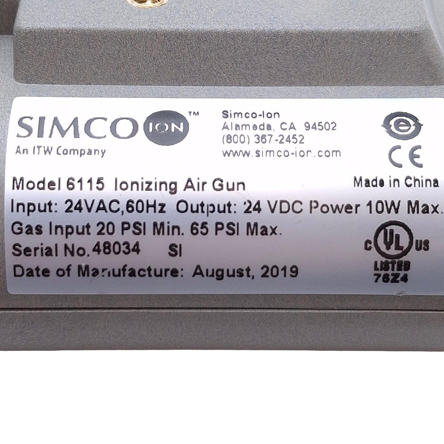 Used SIMCO 6115 AirForce Ionizing Blow-Off Gun Static Control Nozzle 20-65psi, 24VAC