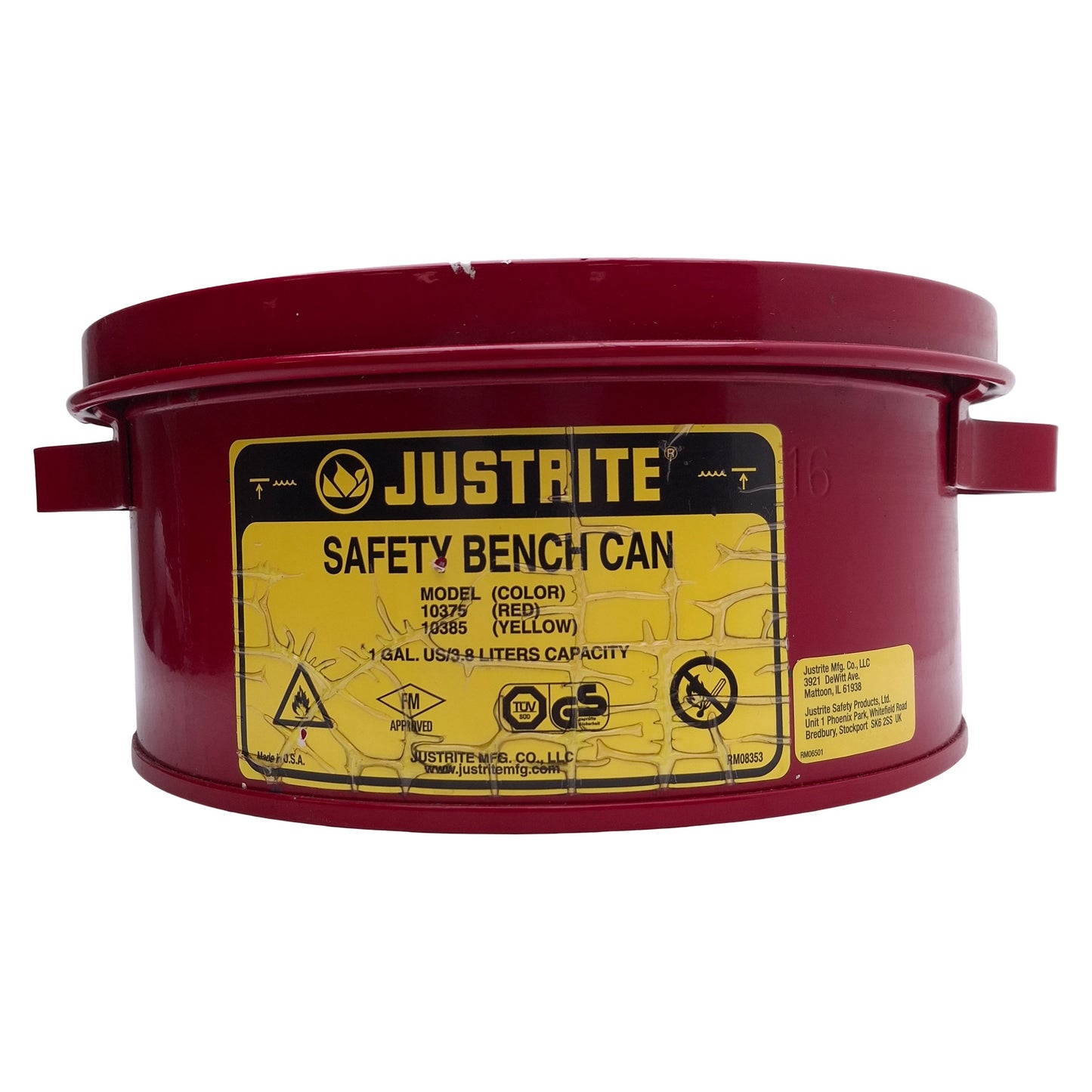 Used Justrite 10375 Bench Can 1gal Capacity, Steel, ø9.375" x 4.5" *No Dasher Plate*