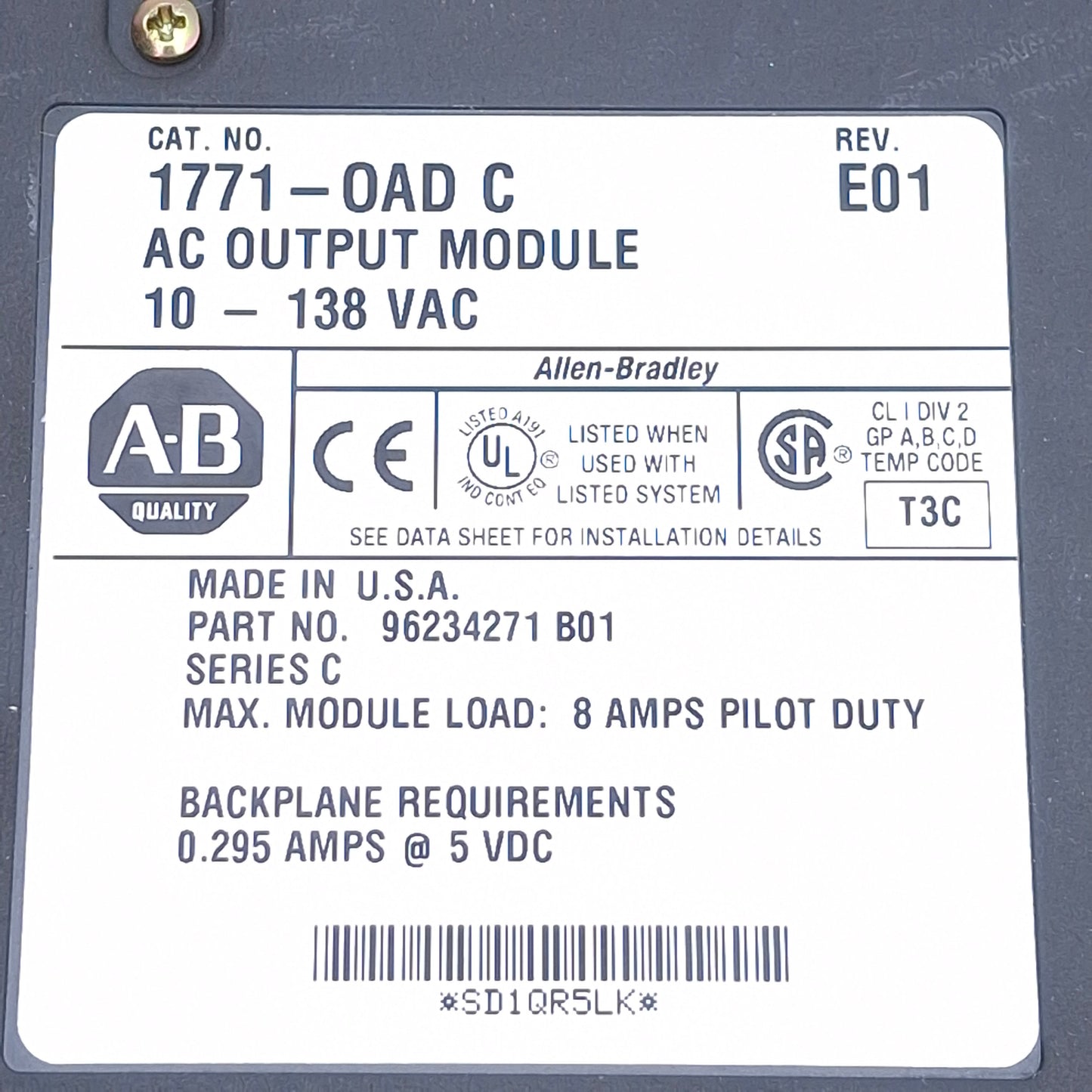 Used Allen Bradley 1771-OAD AC Output Module 16 Outputs,10-138VAC Range, 8A Max