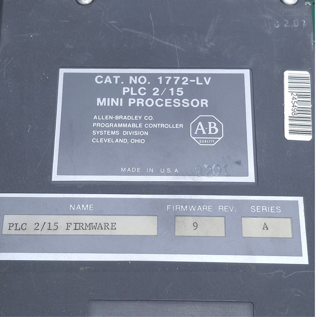 Used Allen Bradley 1772-LV Mini-PLC-2/15 Processor Module 2048 Words, CMOS RAM, 2A