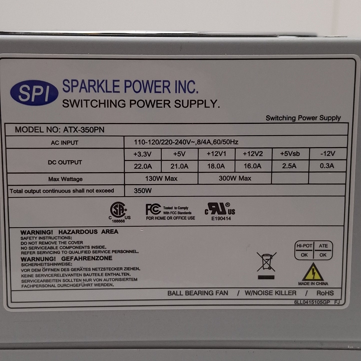 Used SPI ATX-350PN Switching Power Supply, 350W, 110-120/220-240VAC 8/4A Input