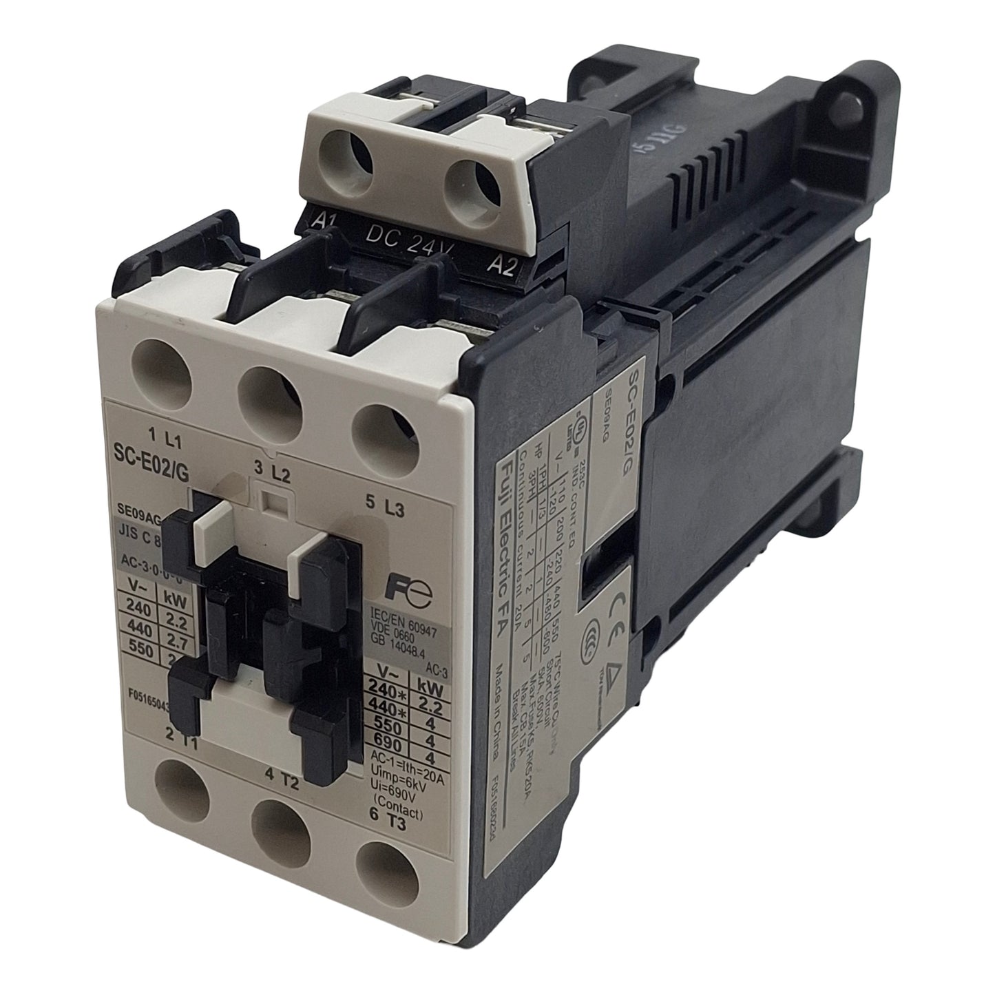 Used Fuji Electric SC-E02/G-24VDC Contactor, 3-Pole 3NO, 9A 600VAC, 24VDC Coil