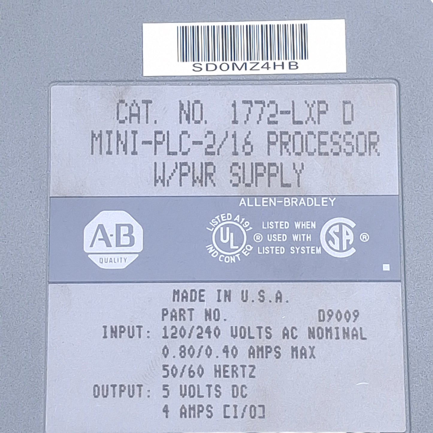 Used Allen Bradley 1772-LXP Mini-PLC-2/16 Processor W/Power Supply 120/240VAC Input