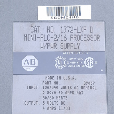 Used Allen Bradley 1772-LXP Mini-PLC-2/16 Processor W/Power Supply 120/240VAC Input