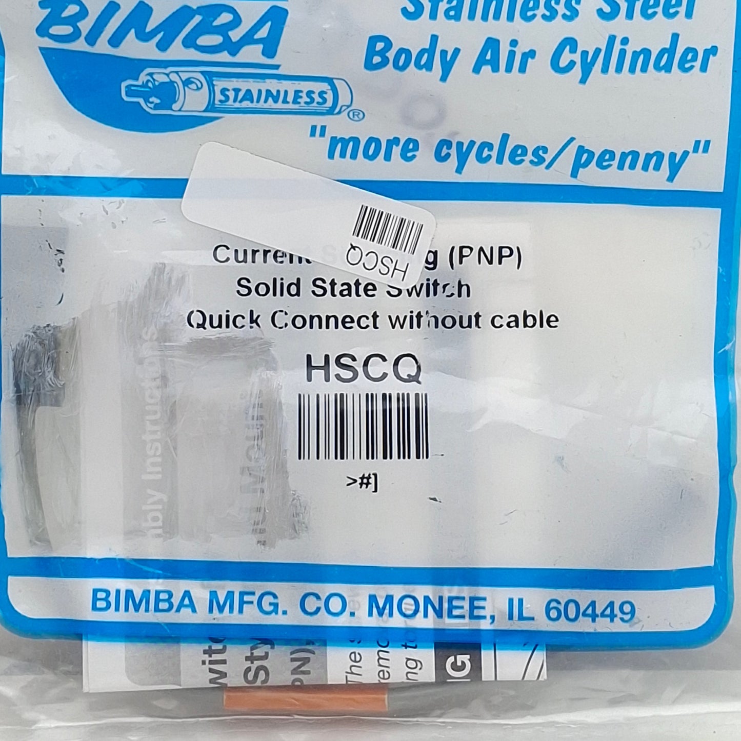 New Bimba HSCQ Solid-State Switch, PNP, 30VDC, 150mA Out, 3-Pin M8 Male, 6in Length