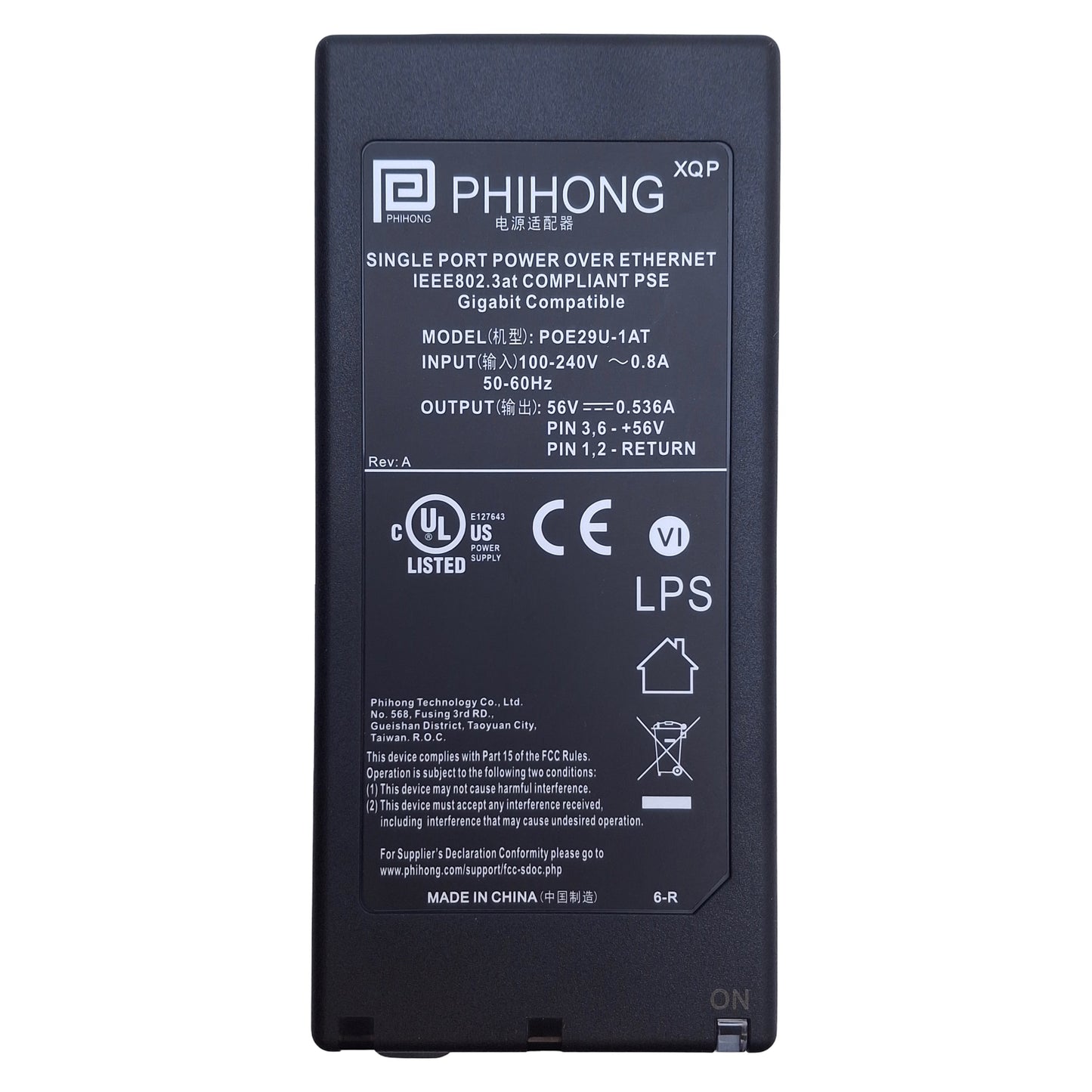 New Phihong POE29U-1AT POE Injector 100-240VAC Input, 0.55A Max, 56VDC Output