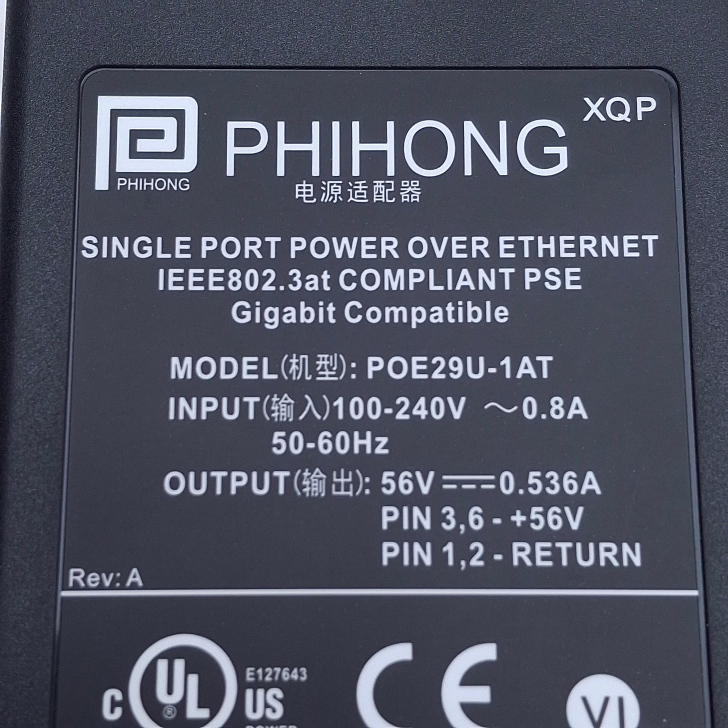 New Phihong POE29U-1AT POE Injector 100-240VAC Input, 0.55A Max, 56VDC Output