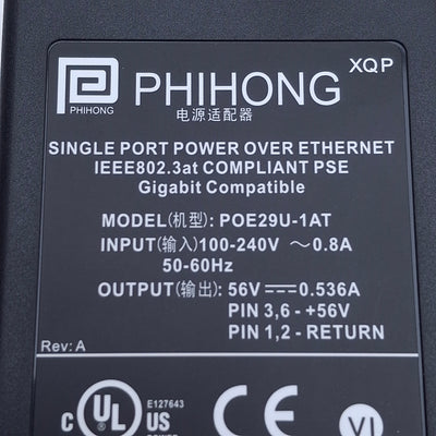 New Phihong POE29U-1AT POE Injector 100-240VAC Input, 0.55A Max, 56VDC Output