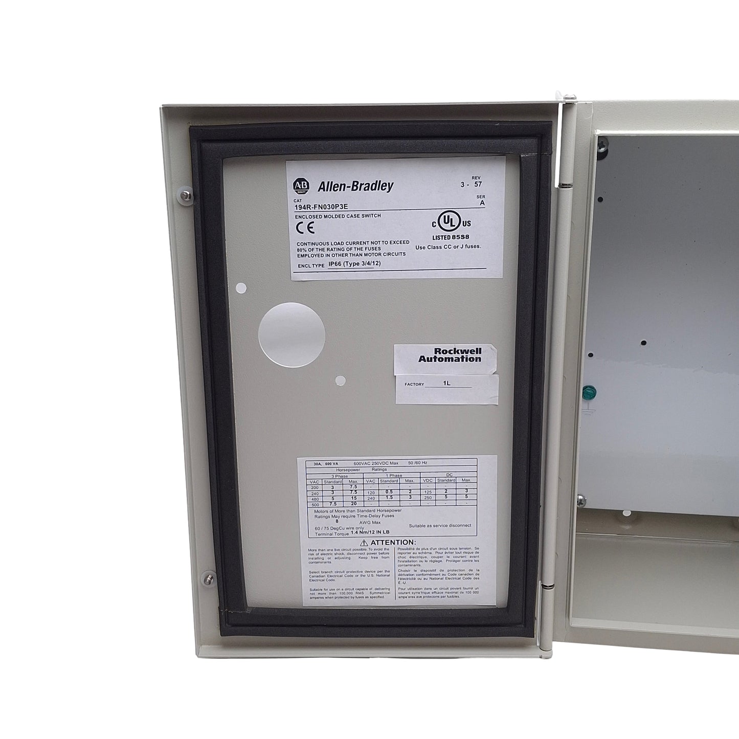 New – Open box Allen Bradley 194R-FN030P3E Switch Enclosure, 300 x 200 x 160mm *Enclosure Only*