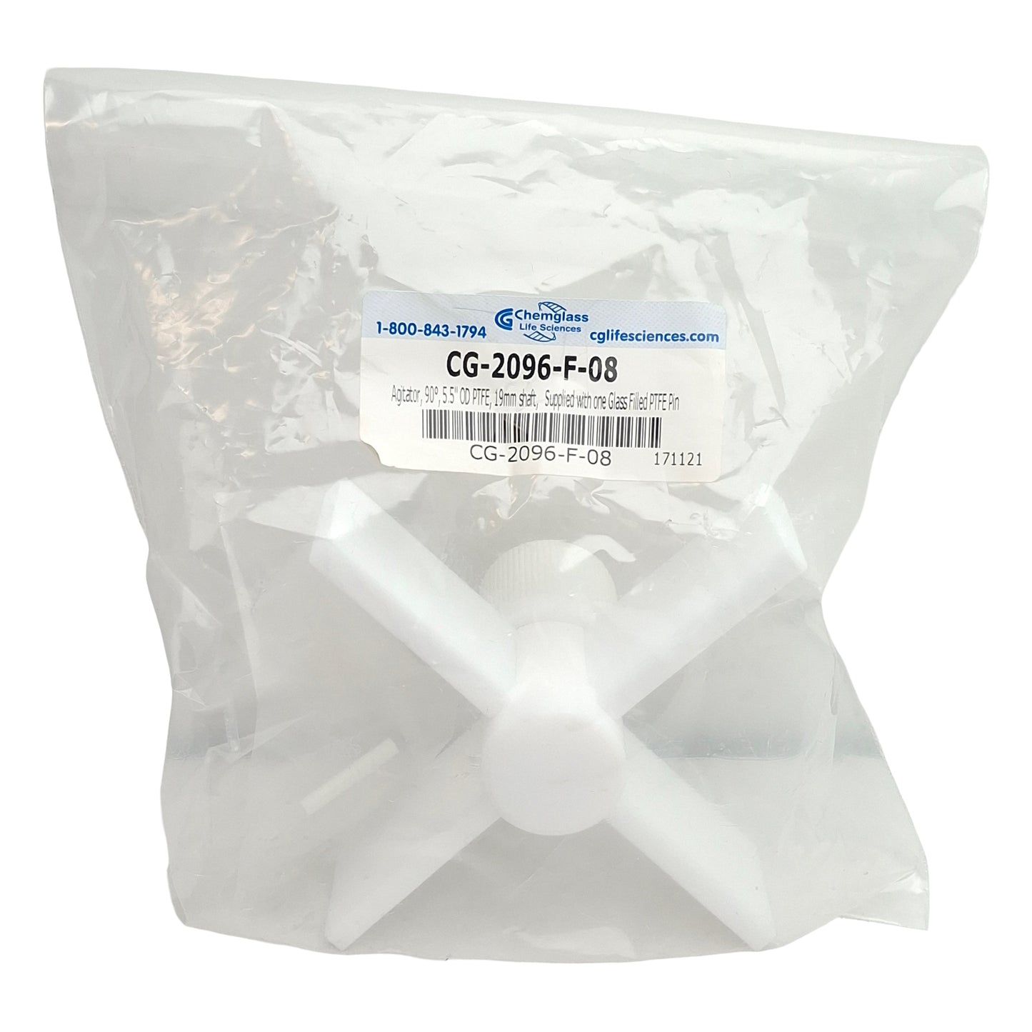 New Chemglass CG-2096-F-08 PTFE Agitator, 90°, ø5.5in OD, 19mm Shaft, *With Pin*