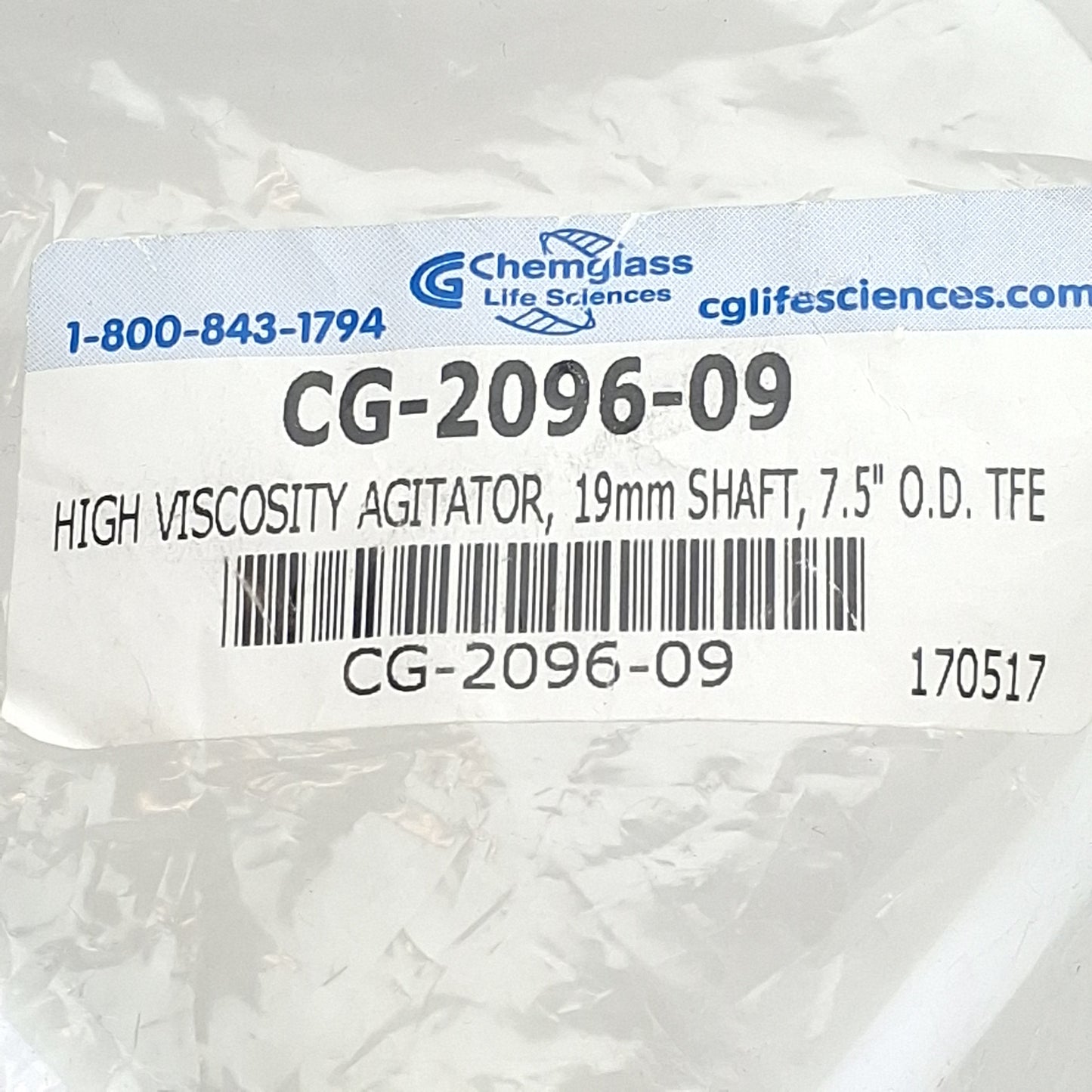 New  Chemglass CG-2096-09 PTFE Agitator, ø7.5in OD, 19mm Shaft, Fits 10L-15L Reactor