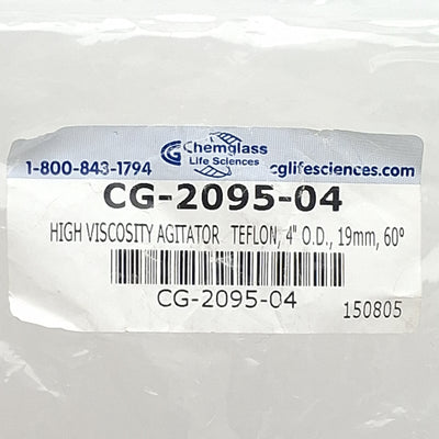 New Chemglass CG-2095-04 PTFE Agitator, 4-Blade, ø4in OD, 19mm Shaft, 60° Impeller