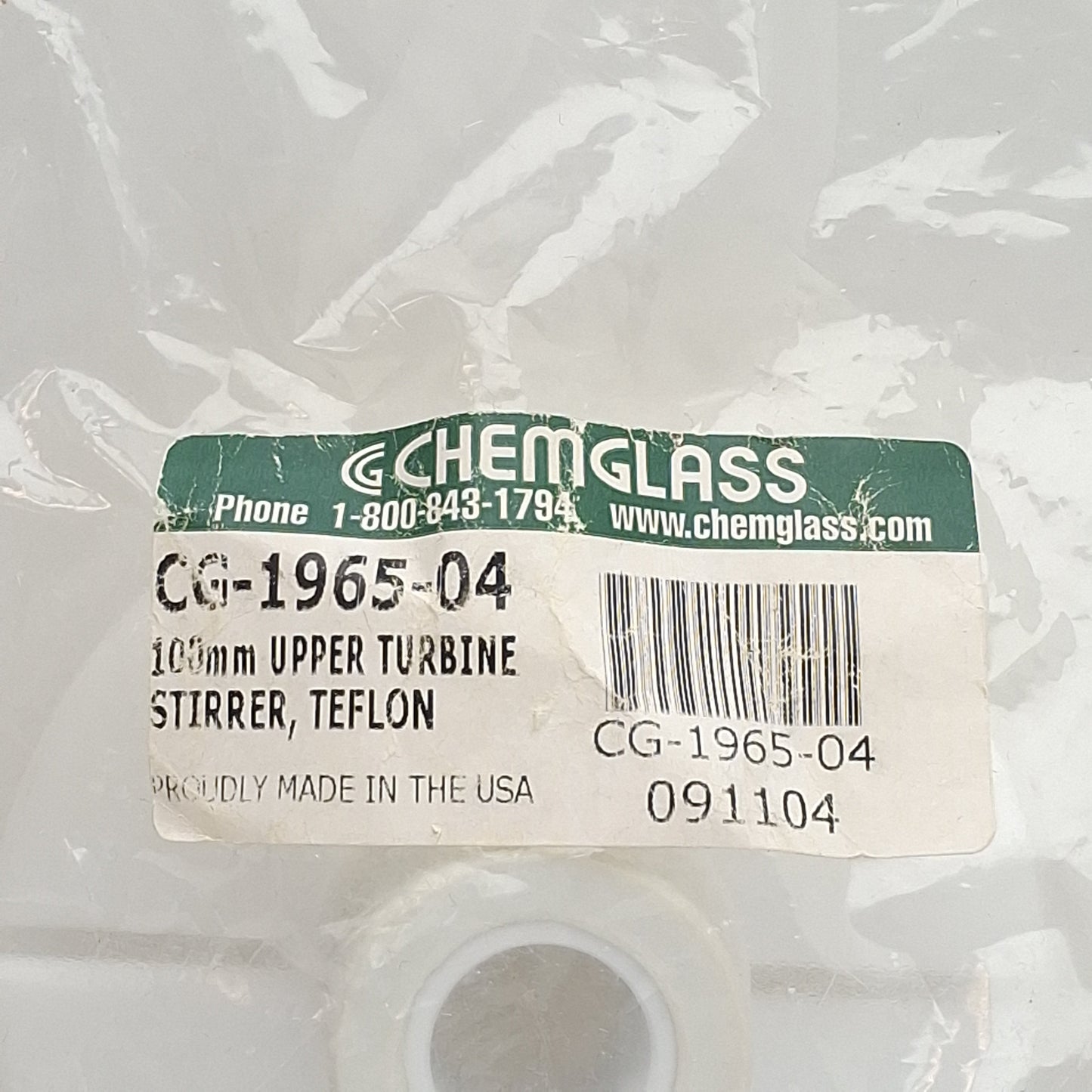 New Chemglass CG-1965-04 PTFE Upper Stirrer Turbine, ø100mm OD, 19mm Shaft, 13/64in